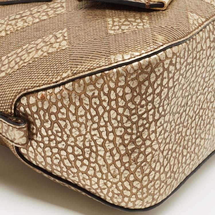 Pre Owned Burberry Gold Heritage Check Embossed Leather Small Orchard Bowler Bag