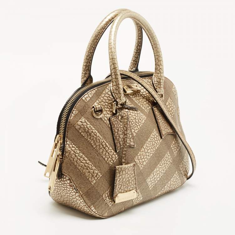 Pre Owned Burberry Gold Heritage Check Embossed Leather Small Orchard Bowler Bag