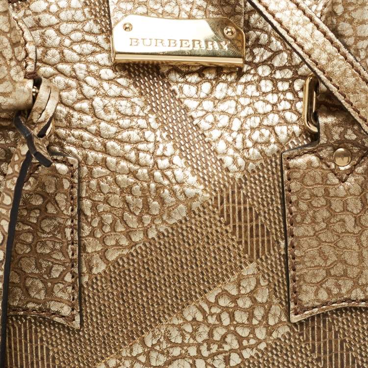 Pre Owned Burberry Gold Heritage Check Embossed Leather Small Orchard Bowler Bag