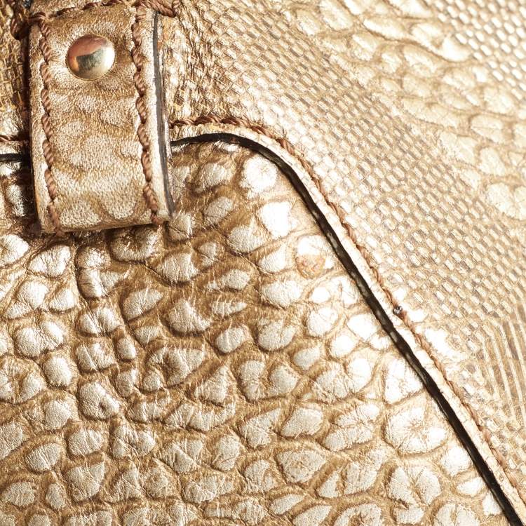 Pre Owned Burberry Gold Heritage Check Embossed Leather Small Orchard Bowler Bag