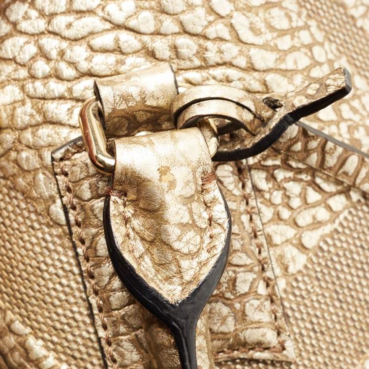 Pre Owned Burberry Gold Heritage Check Embossed Leather Small Orchard Bowler Bag