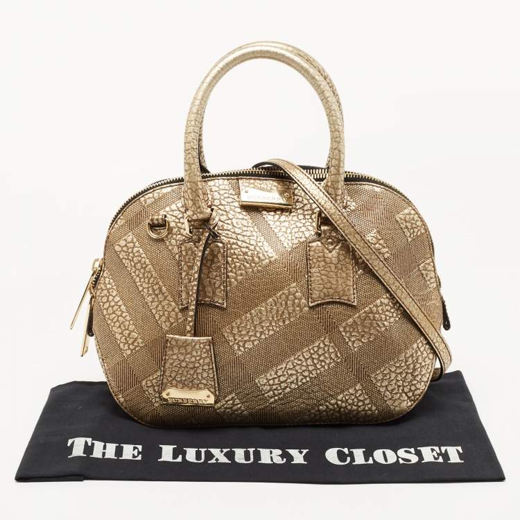 Pre Owned Burberry Gold Heritage Check Embossed Leather Small Orchard Bowler Bag
