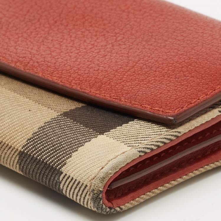 Pre Owned Burberry Brick Brown/Beige House Check Canvas and Leather Flap Continental Wallet