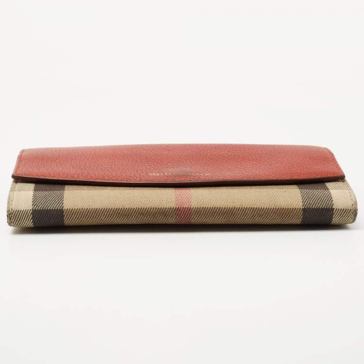 Pre Owned Burberry Brick Brown/Beige House Check Canvas and Leather Flap Continental Wallet