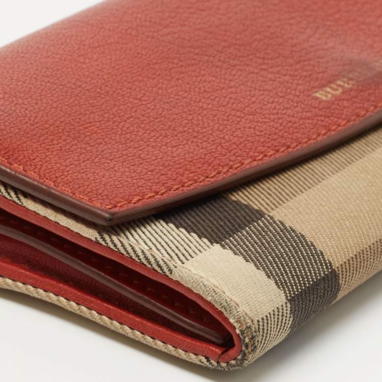 Pre Owned Burberry Brick Brown/Beige House Check Canvas and Leather Flap Continental Wallet