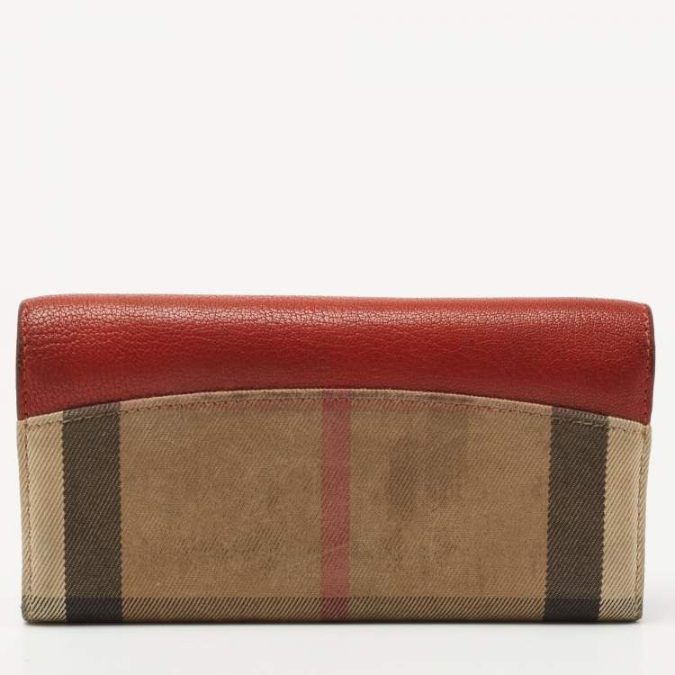 Pre Owned Burberry Brick Brown/Beige House Check Canvas and Leather Flap Continental Wallet