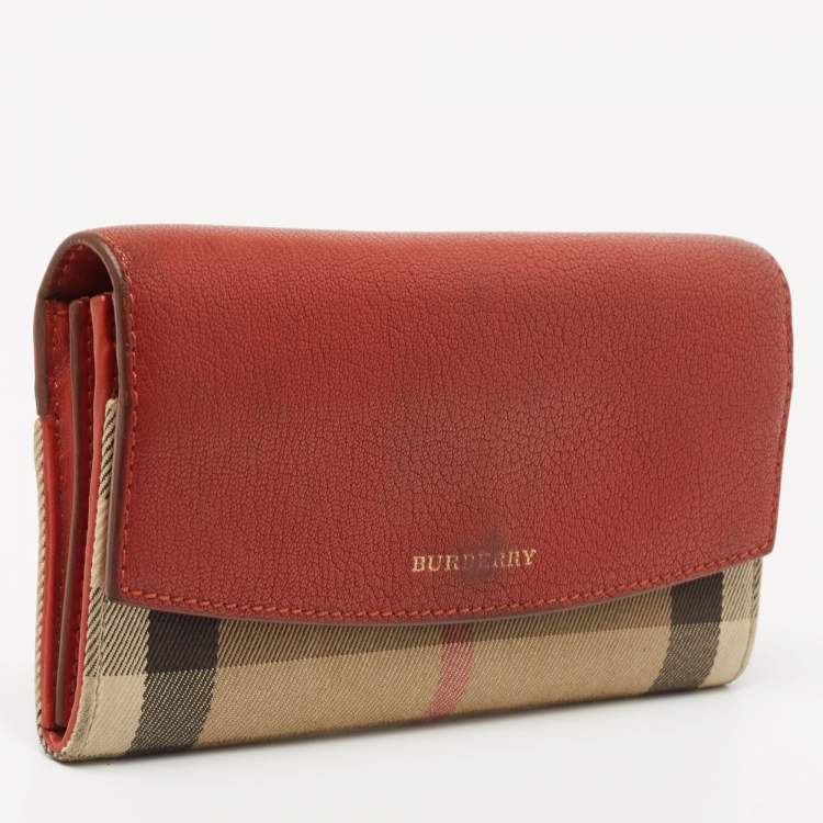Pre Owned Burberry Brick Brown/Beige House Check Canvas and Leather Flap Continental Wallet