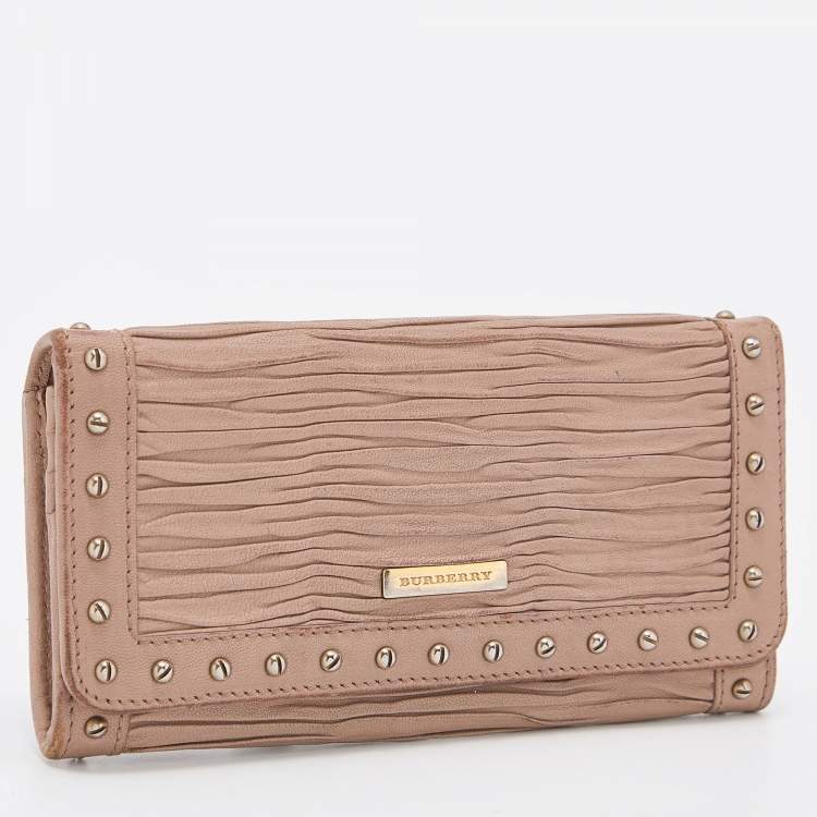 Pre Owned Burberry Old Rose Pleated Leather Flap Continental Wallet