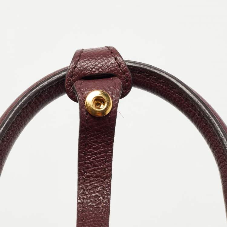 Pre Owned Burberry Burgundy Leather and House Check Fabric Small Banner Tote