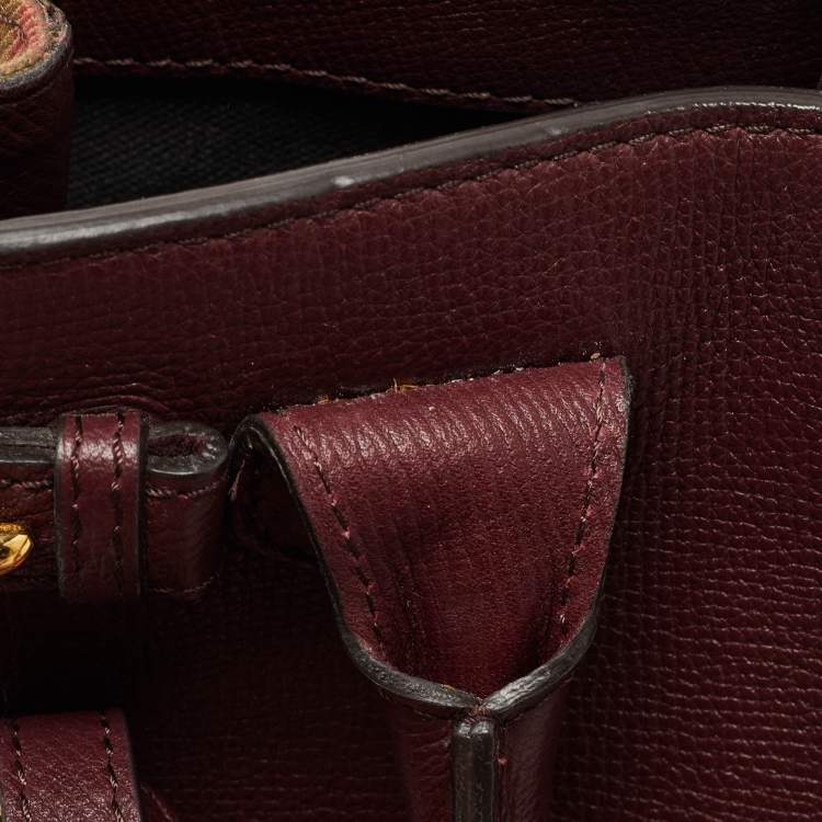 Pre Owned Burberry Burgundy Leather and House Check Fabric Small Banner Tote