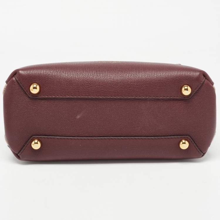 Pre Owned Burberry Burgundy Leather and House Check Fabric Small Banner Tote