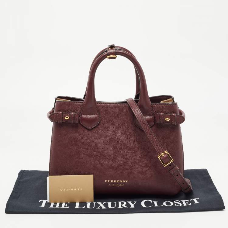 Pre Owned Burberry Burgundy Leather and House Check Fabric Small Banner Tote