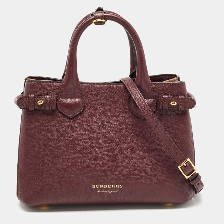 Pre Owned Burberry Burgundy Leather and House Check Fabric Small Banner Tote