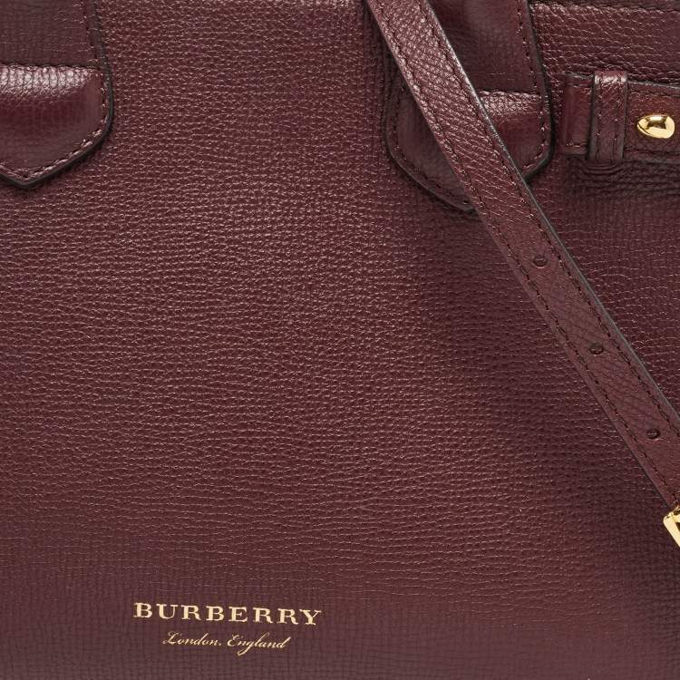 Pre Owned Burberry Burgundy Leather and House Check Fabric Small Banner Tote