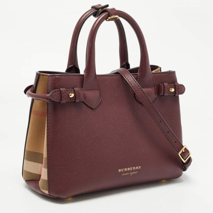 Pre Owned Burberry Burgundy Leather and House Check Fabric Small Banner Tote