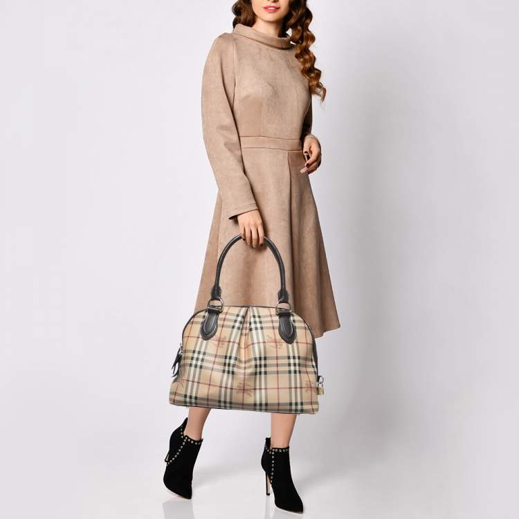 Pre Owned Burberry Beige/Brown Haymarket Check PVC and Leather Thornley Satchel