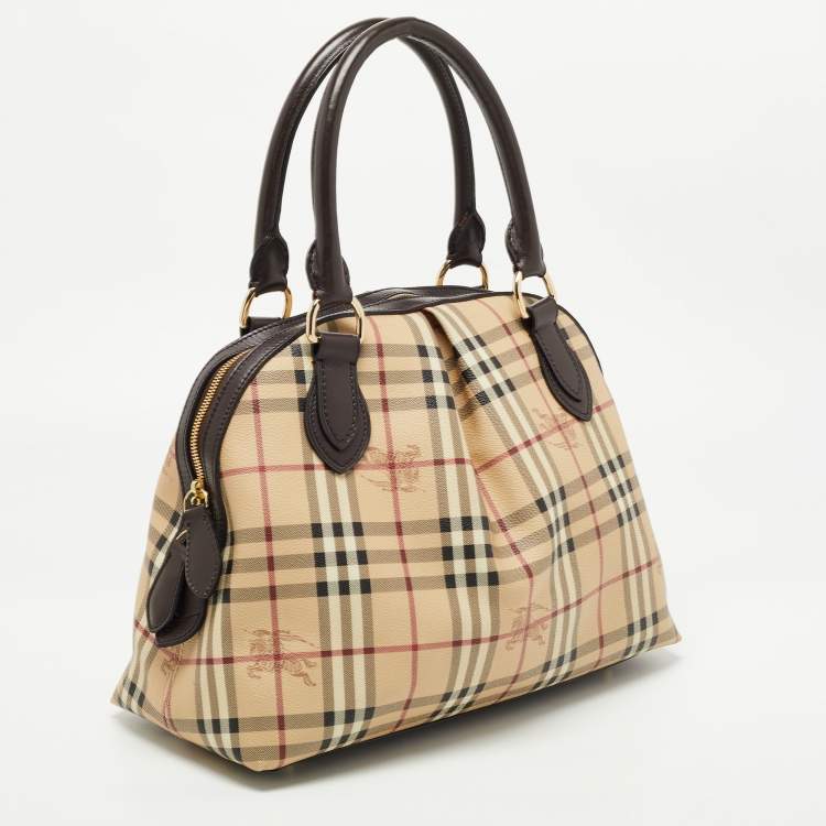 Pre Owned Burberry Beige/Brown Haymarket Check PVC and Leather Thornley Satchel