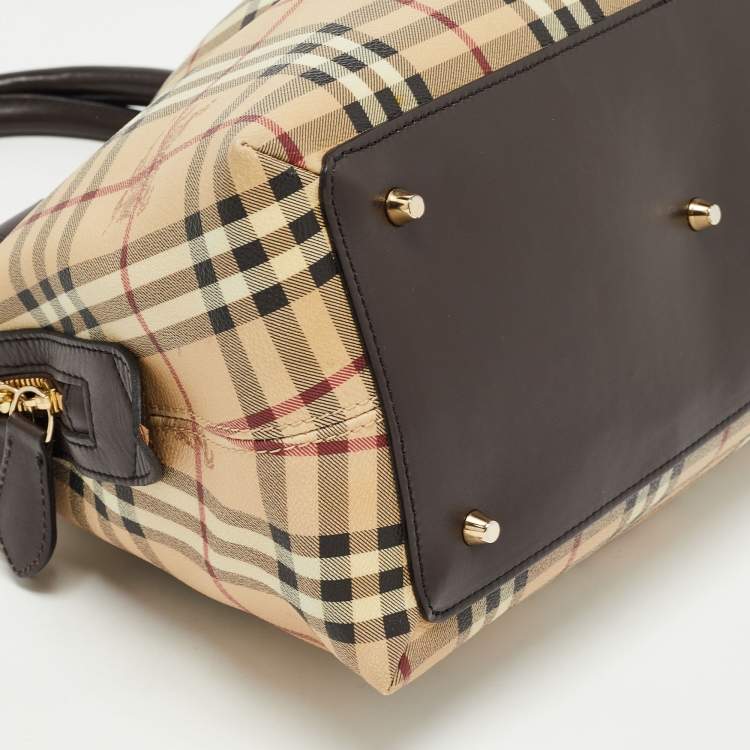 Pre Owned Burberry Beige/Brown Haymarket Check PVC and Leather Thornley Satchel