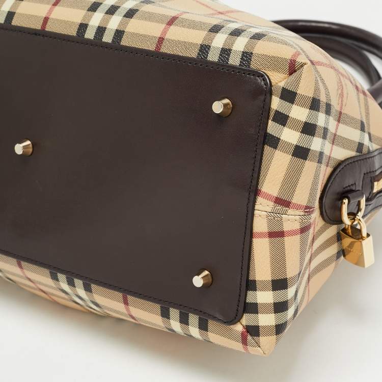Pre Owned Burberry Beige/Brown Haymarket Check PVC and Leather Thornley Satchel