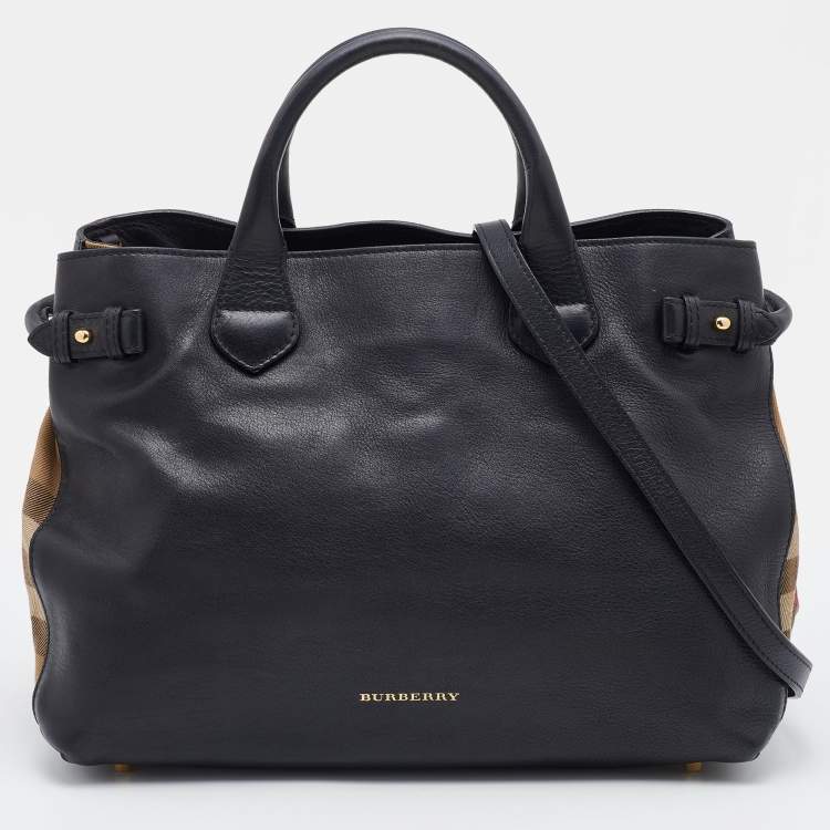 Burberry Leather House Check Small Derby Banner Tote Black
