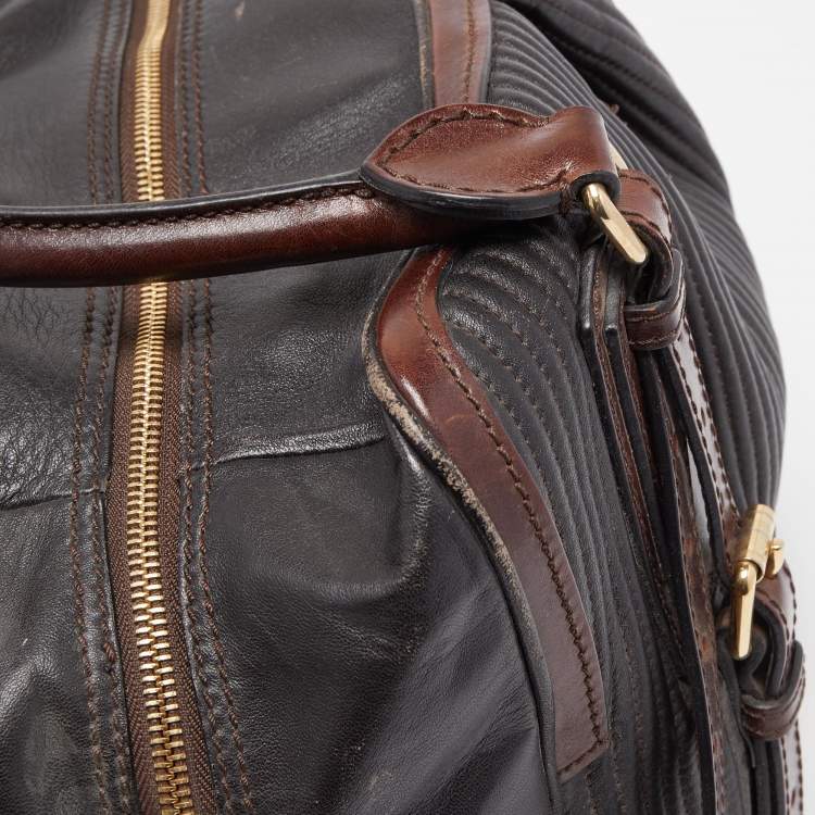 Pre Owned Burberry Dark Brown Pleated Leather Satchel