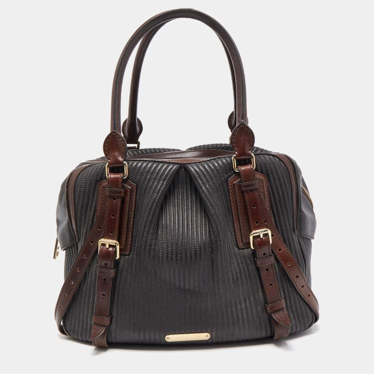 Pre Owned Burberry Dark Brown Pleated Leather Satchel
