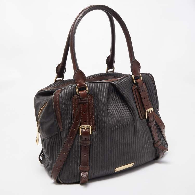 Pre Owned Burberry Dark Brown Pleated Leather Satchel