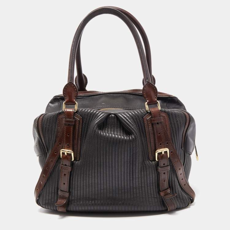 Pre Owned Burberry Dark Brown Pleated Leather Satchel