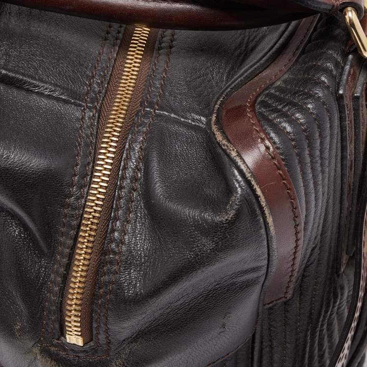 Pre Owned Burberry Dark Brown Pleated Leather Satchel