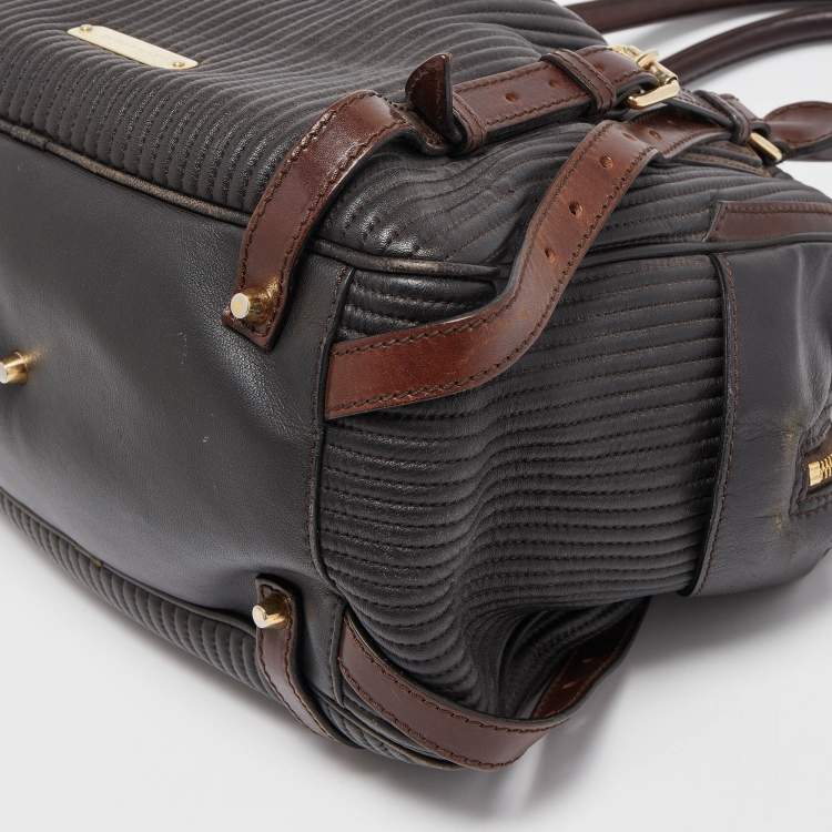 Pre Owned Burberry Dark Brown Pleated Leather Satchel