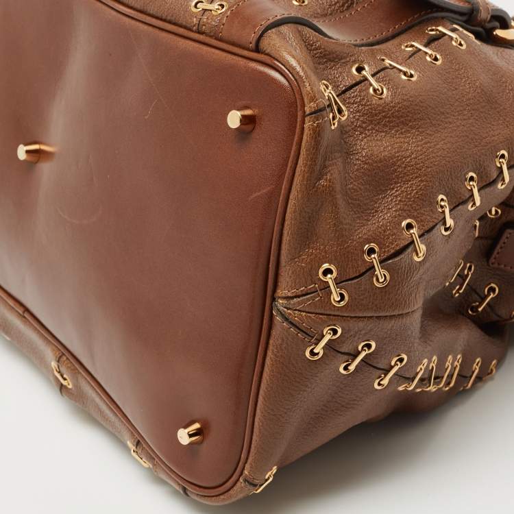 Pre Owned Burberry Brown Two Tone Leather Metal Stitch Lowry Tote