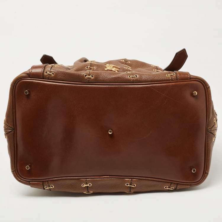Pre Owned Burberry Brown Two Tone Leather Metal Stitch Lowry Tote