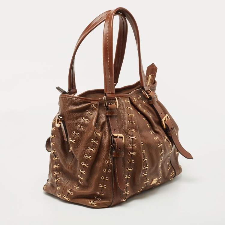 Pre Owned Burberry Brown Two Tone Leather Metal Stitch Lowry Tote