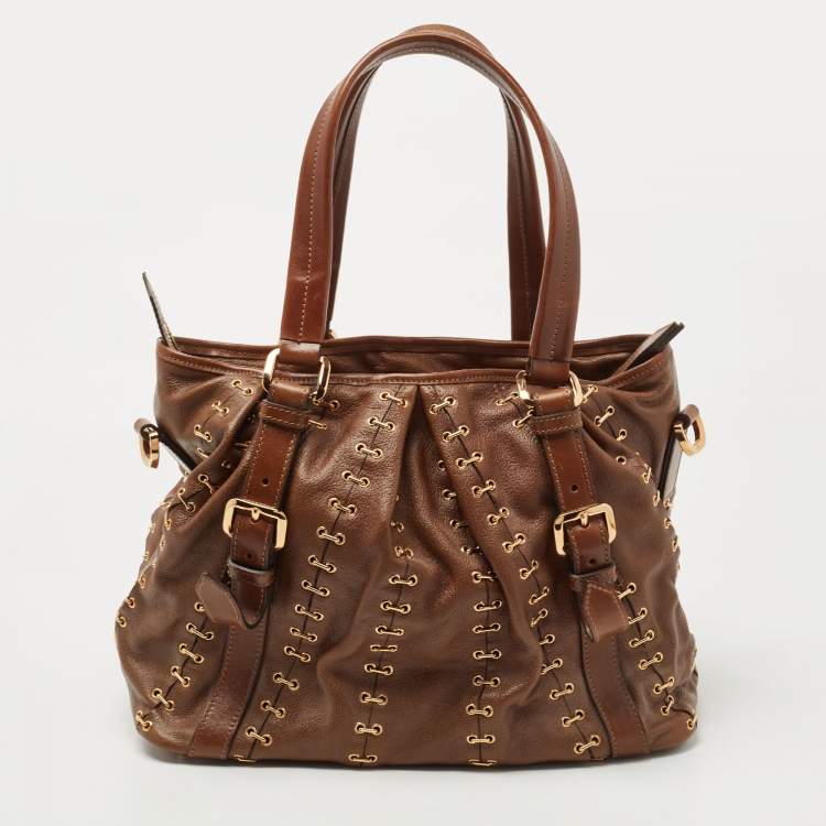 Pre Owned Burberry Brown Two Tone Leather Metal Stitch Lowry Tote