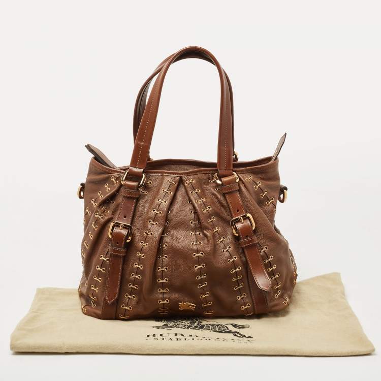 Pre Owned Burberry Brown Two Tone Leather Metal Stitch Lowry Tote