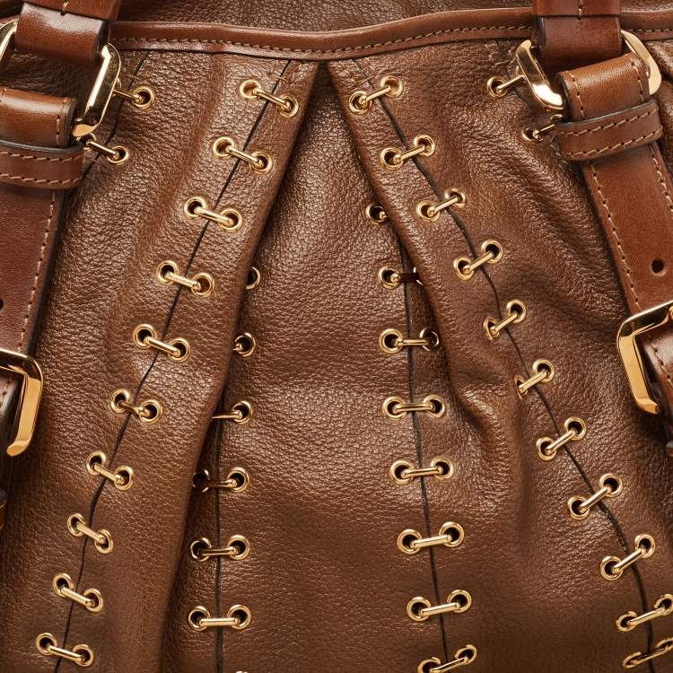 Pre Owned Burberry Brown Two Tone Leather Metal Stitch Lowry Tote