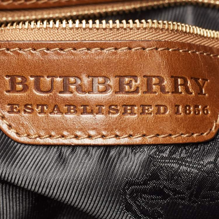 Pre Owned Burberry Brown Two Tone Leather Metal Stitch Lowry Tote