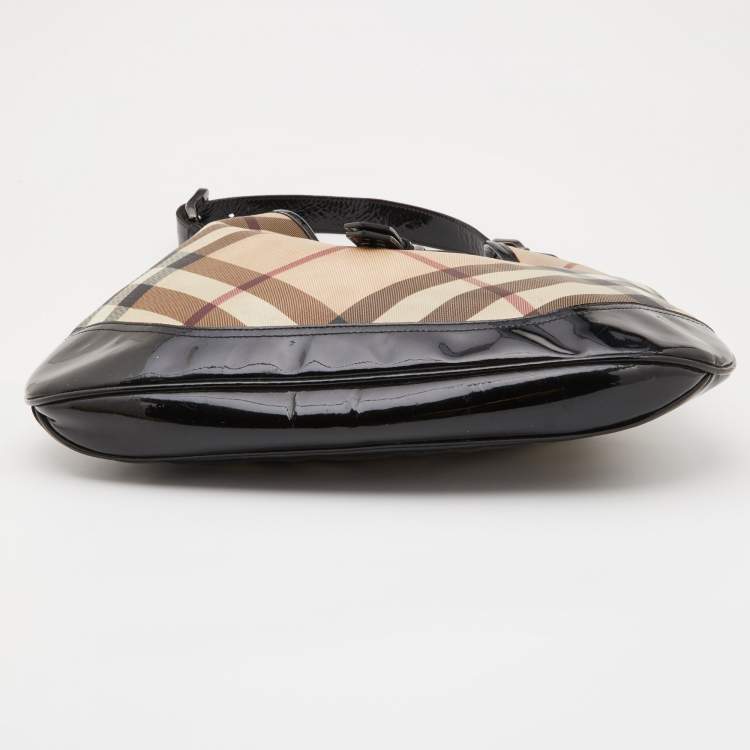 Pre Owned Burberry Black/Beige Nova Check PVC and Patent Leather Large Brooke Hobo