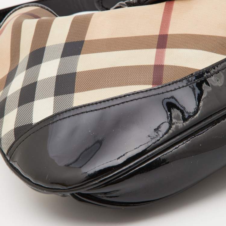 Pre Owned Burberry Black/Beige Nova Check PVC and Patent Leather Large Brooke Hobo