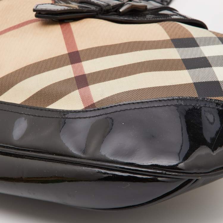 Pre Owned Burberry Black/Beige Nova Check PVC and Patent Leather Large Brooke Hobo
