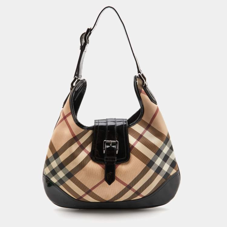 Pre Owned Burberry Black/Beige Nova Check PVC and Patent Leather Large Brooke Hobo