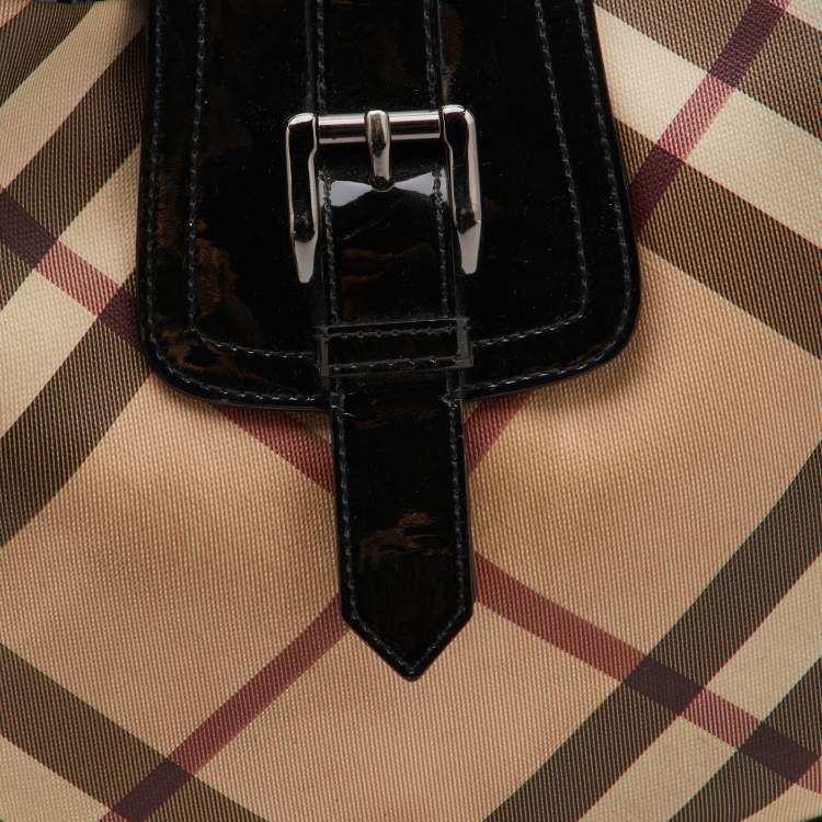 Pre Owned Burberry Black/Beige Nova Check PVC and Patent Leather Large Brooke Hobo