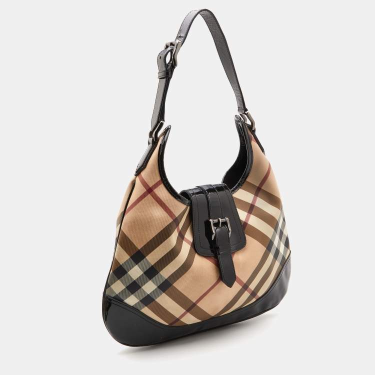 Pre Owned Burberry Black/Beige Nova Check PVC and Patent Leather Large Brooke Hobo
