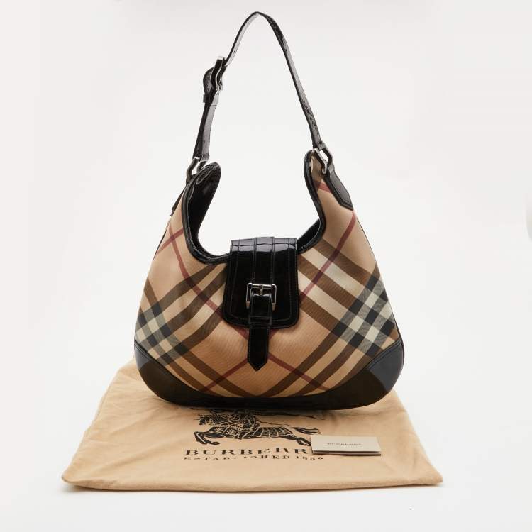 Pre Owned Burberry Black/Beige Nova Check PVC and Patent Leather Large Brooke Hobo