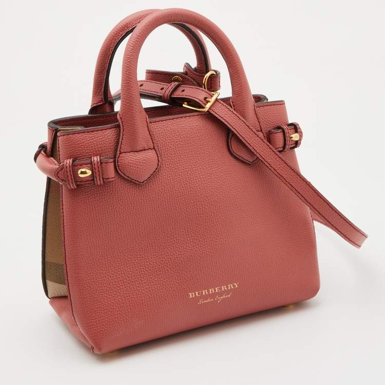 Pre Owned Burberry Peach/Beige Leather and House Check Fabric Mini Banner Tote
