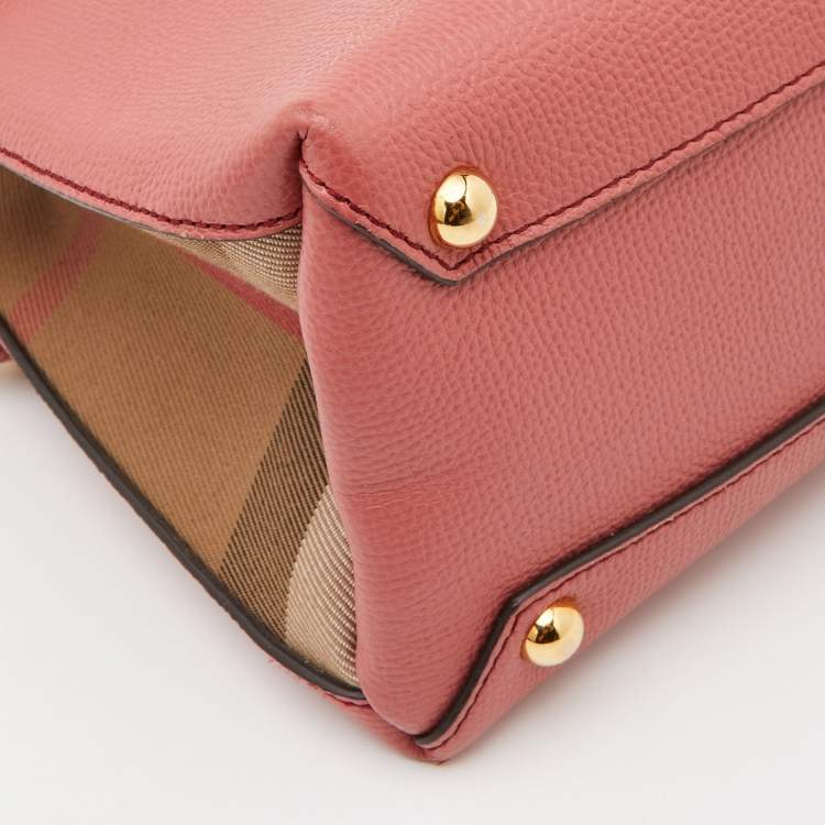 Pre Owned Burberry Peach/Beige Leather and House Check Fabric Mini Banner Tote