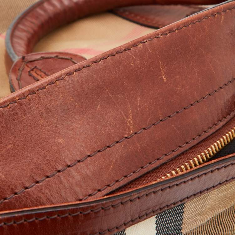 Pre Owned Burberry Beige/Tan House Check Canvas and Leather Hobo