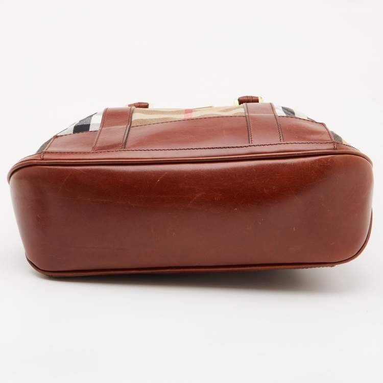 Pre Owned Burberry Beige/Tan House Check Canvas and Leather Hobo