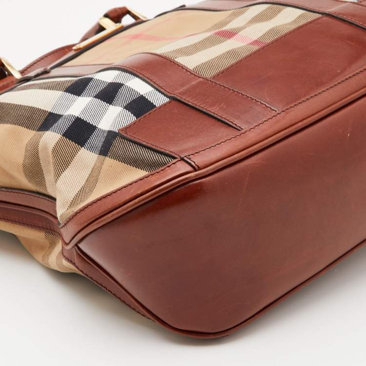 Pre Owned Burberry Beige/Tan House Check Canvas and Leather Hobo