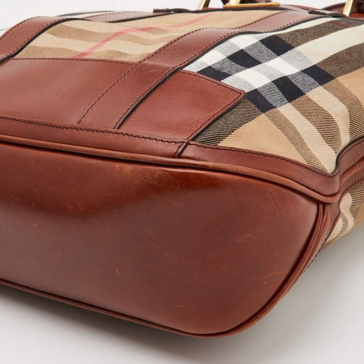 Pre Owned Burberry Beige/Tan House Check Canvas and Leather Hobo